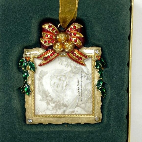 Costco Jeweled Gold Tone Picture Frame Square Ornament Red Bow Ivy Christmas - Picture 6 of 6